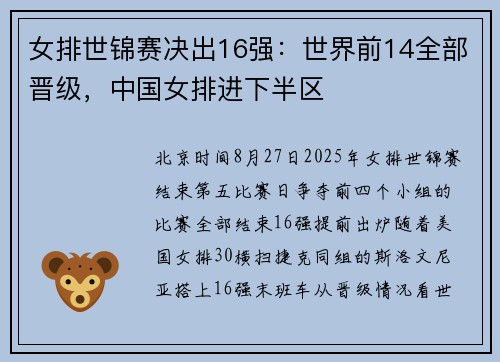 女排世锦赛决出16强：世界前14全部晋级，中国女排进下半区